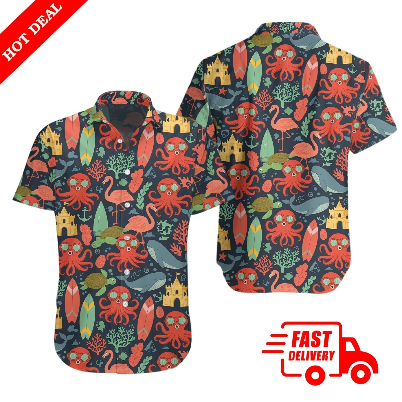Men's Octopus Flamingo Hawaiian Shirt Navy Tropical Beach Aloha Button Down Top
Opens in a new windo