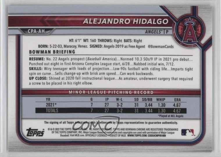 2022 Bowman Chrome Prospect Gold Shimmer Refractor /50 Alejandro Hidalgo Auto - Image 2 of 2
