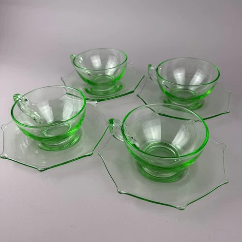 Set of 4 Vtg Green Depression Glass Octagon Cup & Saucer Sets
