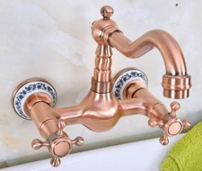 Wall Mount Red Copper Dual Handles/Holes Bathroom Basin Faucet Mixer Tap Znf941