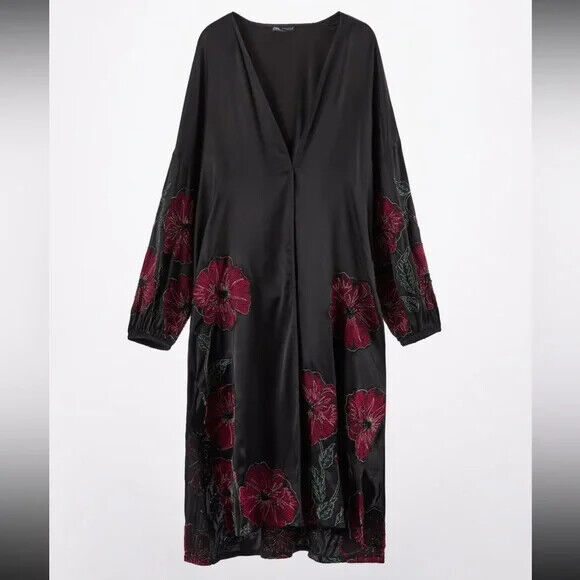 ZARA WOMAN NEW BLACK SATIN FLORAL EMBROIDERED KIMONO SIZE M ZARA WOMAN NEW BLACK SATIN FLORAL EMBROIDERED KIMONO SIZE M