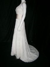 Alfred Sung Wedding Dress 8 Ivory Lace Halter Champagne Ruched Belting Ballgown