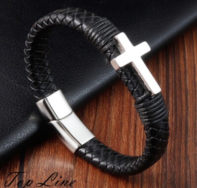 Men Boy Women Silver Cross Black Braided Leather Bracelet