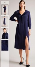 Image of Ted Baker Faithiy Blue ruffle Asymmetric Midi Dress Size 4 Uk 14 £195 BNWOT 