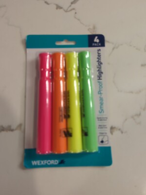 Wexford Smear-Proof Chisel Tip Highlighters 4 Each Green Yllw Org Pink New
