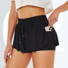 Flowy Butterfly Shorts with Pocket Spandex Run Gym Tennis Workout Black Small