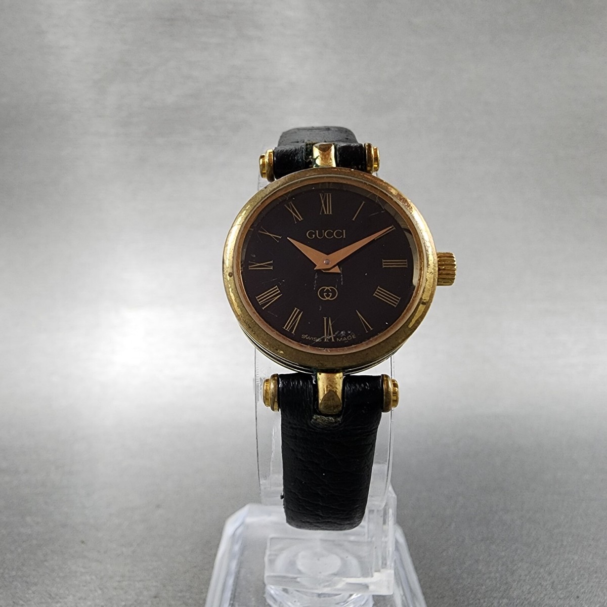 Gucci 2000L Watch Women 22mm Black Dial Gold Plated Round New