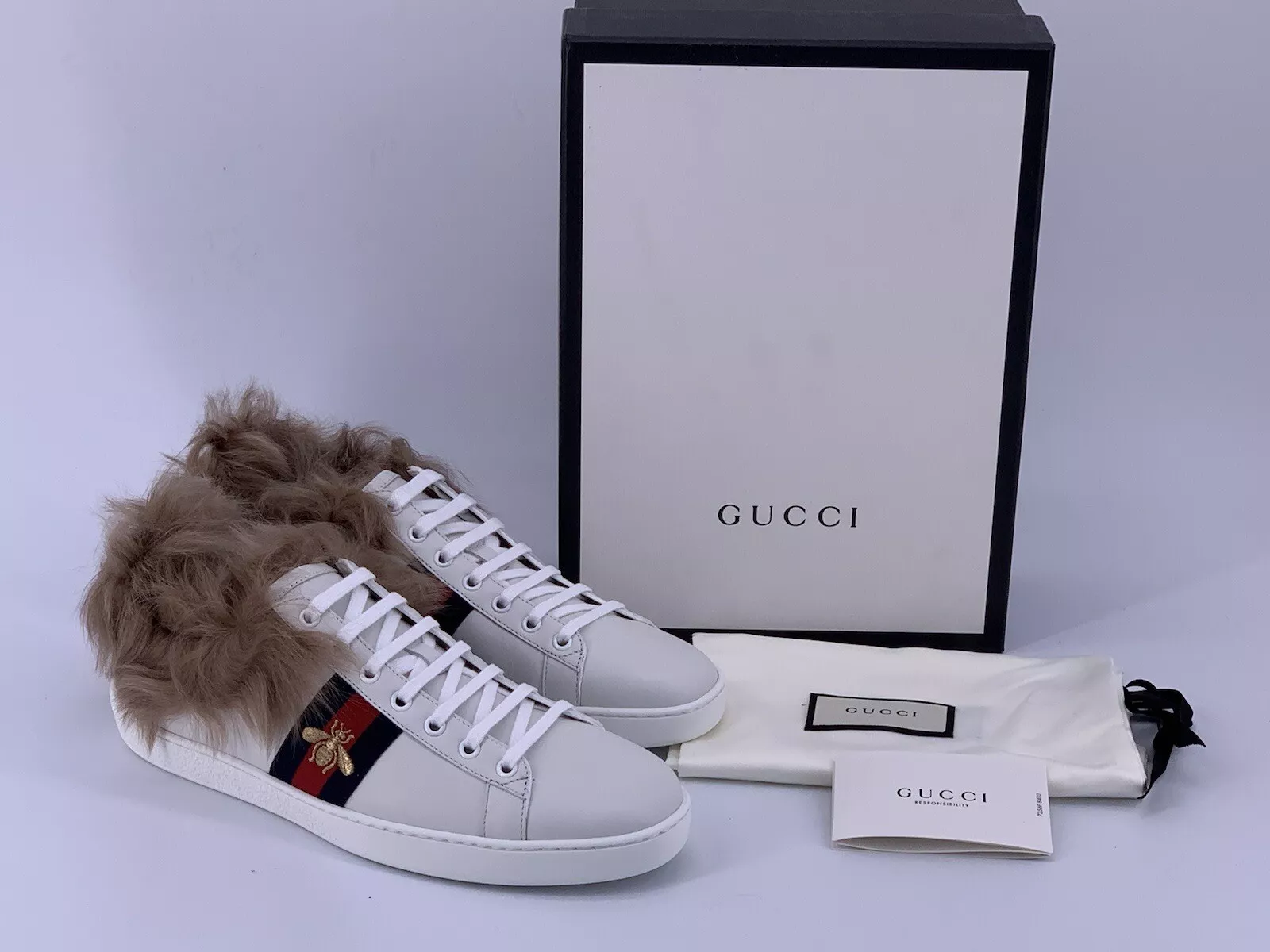 Baskets originales GUCCI pour hommes ACE avec fourrure 496093 neuves   taille UK 8 /EU 42 / US 9.