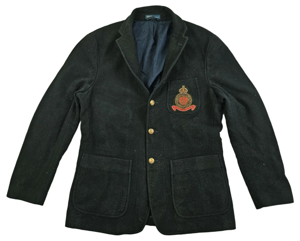 *HOT VTG Men POLO RALPH LAUREN SPORTS EMBROIDERED WOOL BLACK BLAZER Jacket 42R L - Image 2 of 4