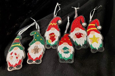 Set Of 6 GNOME Gonk Christmas Ornaments COMPLETED Diamond Dots Adorable!