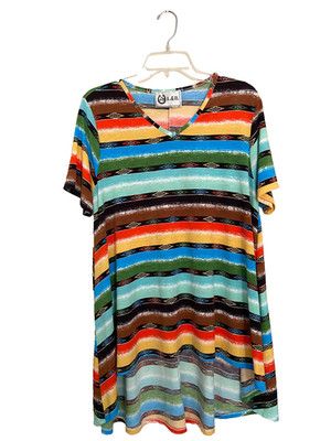 L&B Womens Stripe TOP Size MEDIUM Poly/Spandex VNeck Hi Low Comfy Colorful Shirt