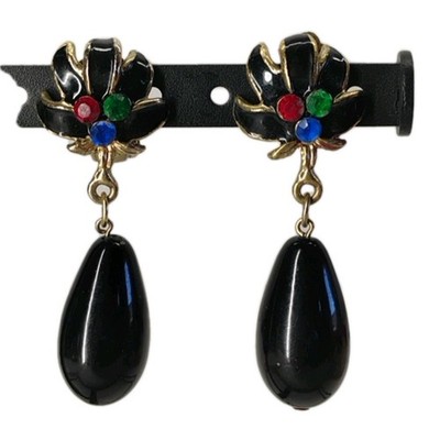 Vintage 80s Womens Clip On Black Enamel Multicolored Gems Tear Drop Earrings