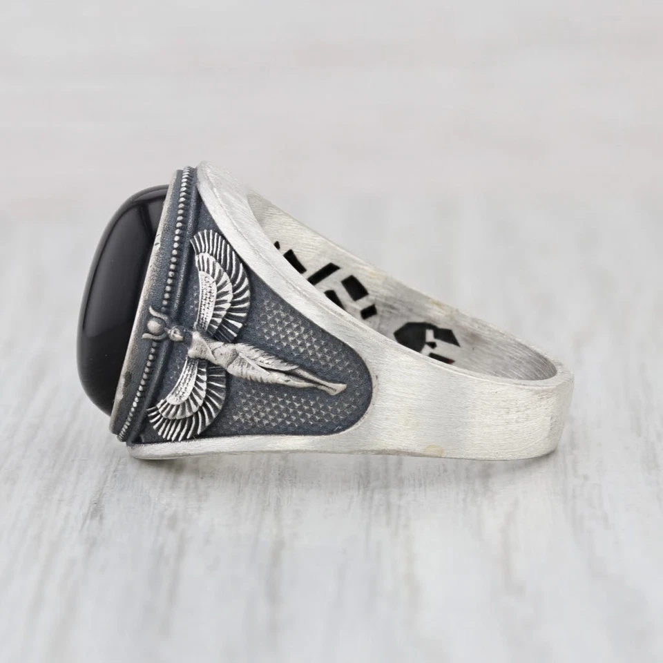 Onyx Sterling Silver Ring Size 12.5 Winged Figure Tribal Egyptian Goddess - Image 3 of 4