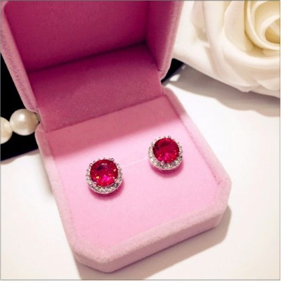 1Ct Round Cut Simulated Ruby Halo Stud Women's Earrings In 14K White Gold Plated