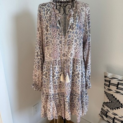 Roller Rabbit Pink Floral Print Boho V-Neck Long Sleeve Tassel Mini Dress Small