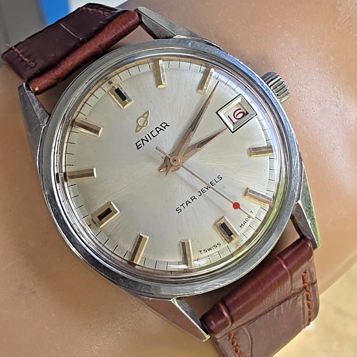 Vintage ENICAR Ocean Pearl men's manual wind watch Date swiss made