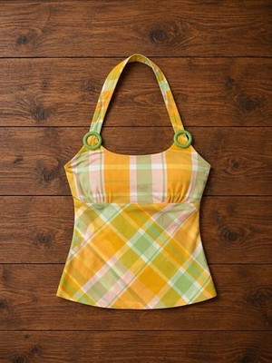 Women's Plaid Halter Strap Tankini Swim Top Multicolor Size S Regular