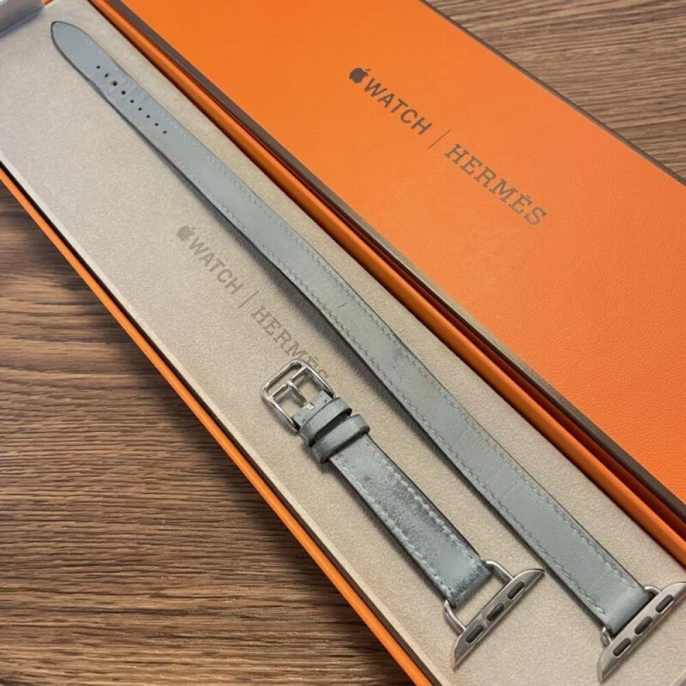 Auth Apple Watch Hermes Leather Band only 38 40 41mm Blue lin double Tour Used