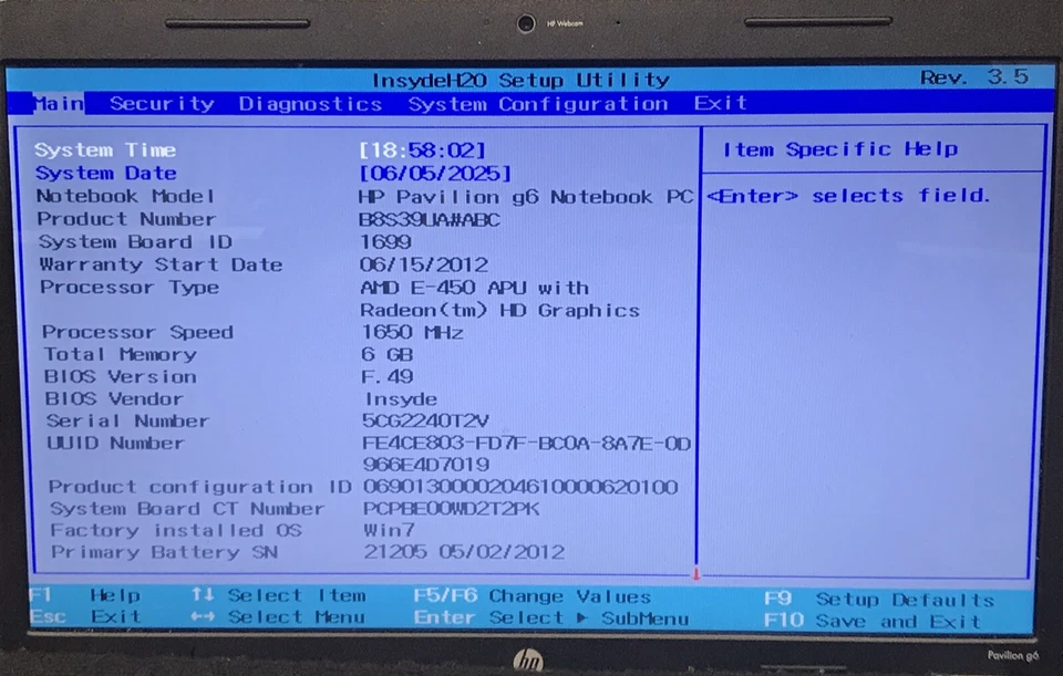 Hp Pavilion G6 Notebook 15.6" Laptop AMD E-450 6GB RAM 640GB Boots/Bios H3255 - Image 2 of 4