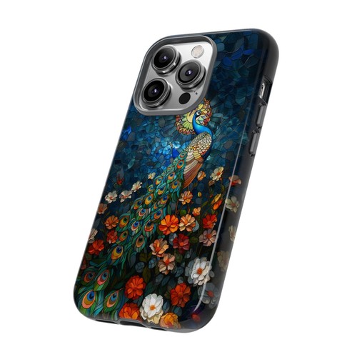 For iPhone, Galaxy, Pixel Phone Case Cover - Blue Stained Glass Peacock Flower - Picture 42 of 242