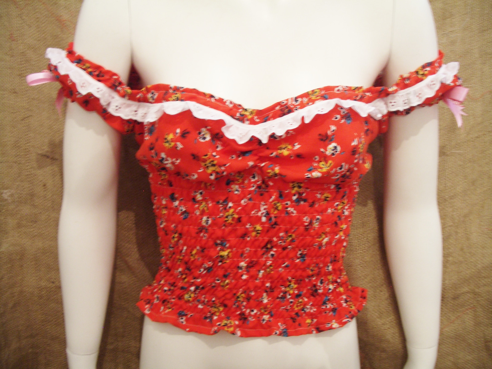 Red floral gypsy top! Pink,red gingham bows cherries! Rockabilly,1950's