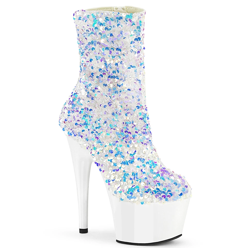 ADORE-1042SQ Pleaser Damen High Heels Plateaustiefeletten weiß Multi Pailletten - Bild 1 von 1