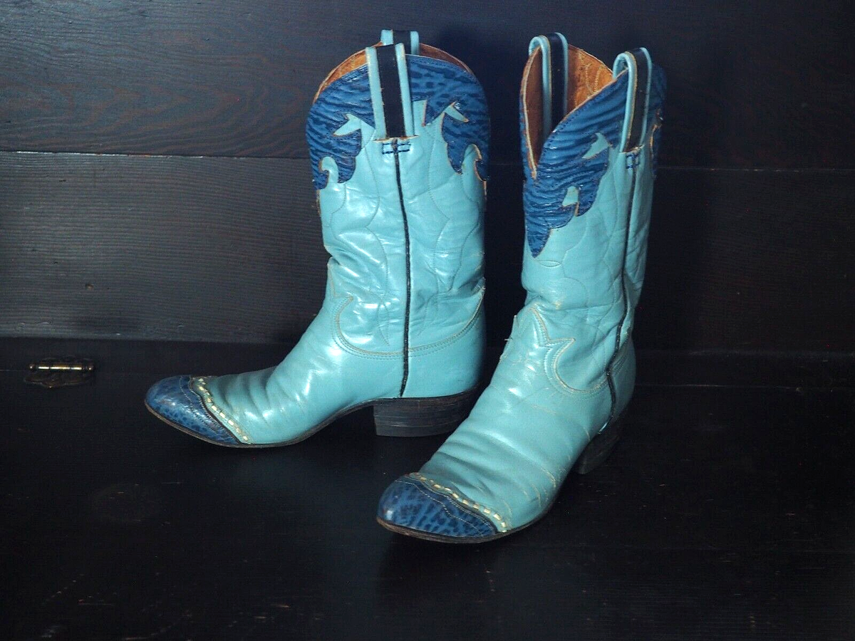 VTG 70s Tony Lama Distressed Blue Tooled Leather Western Rodeo 