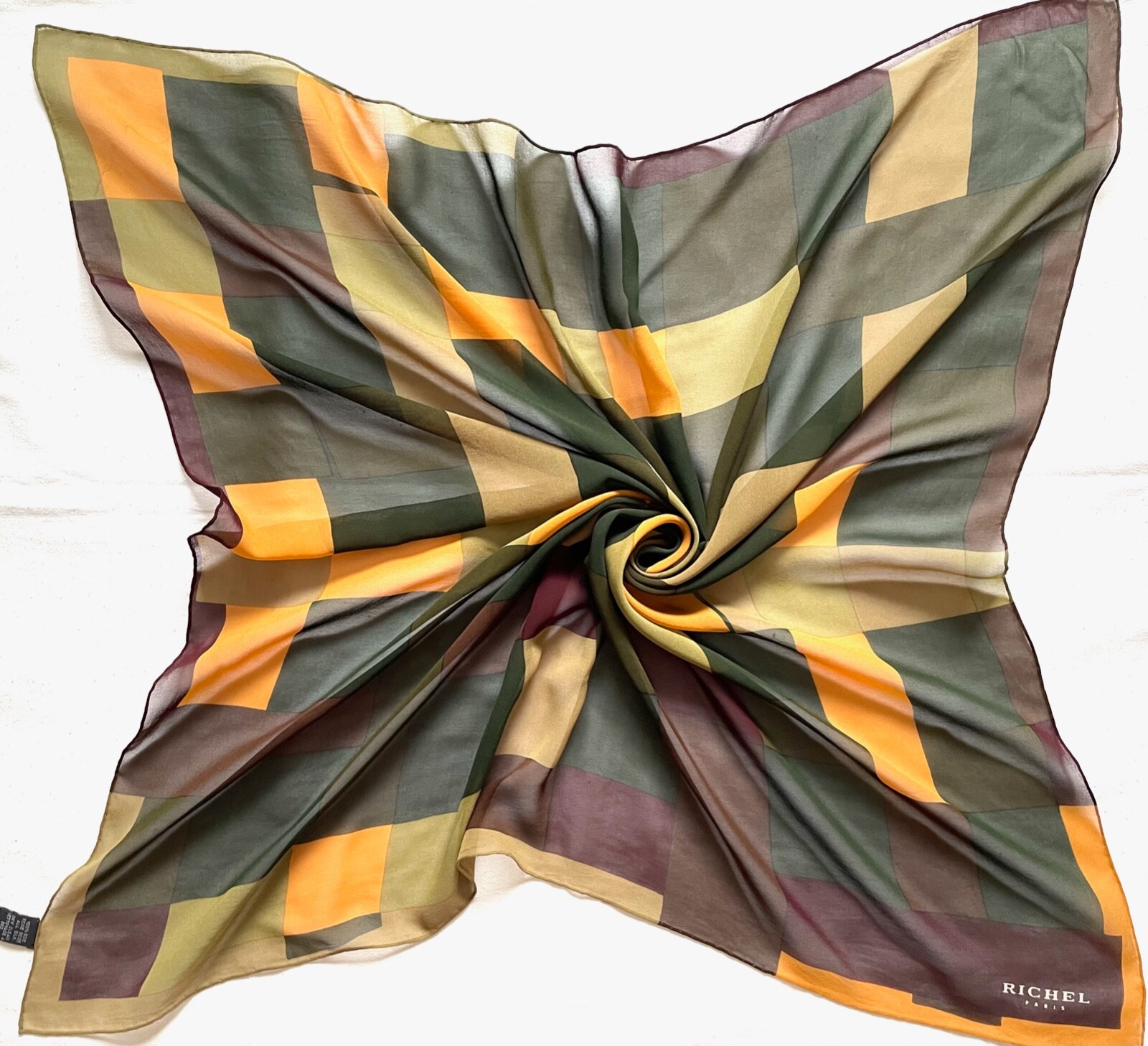 Designer RICHEL Classic GEOMETRIC Green Brown Yellow Chiffon Silk Vintage Scarf