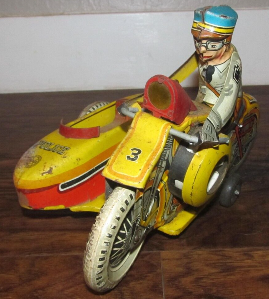 Vintage 1950's Police Motorcycle w/ Side Car Wind up Tin Toy #3