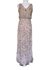 Adriana Papell Arcata Evening Gown Size 2 US Sandstone Beaded Mesh Maxi Dress