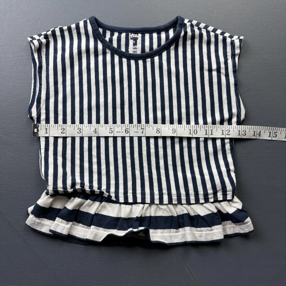 Tea Collection Girls Top Size 5 Striped Ruffle Hem Cotton Navy White Boutique - Image 2 of 4