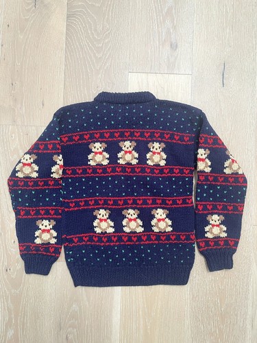 Vintage Handmade Knit Teddy Bear Hearts Navy Blue Sweater Unisex Kids Sz 8-10 - Picture 5 of 9