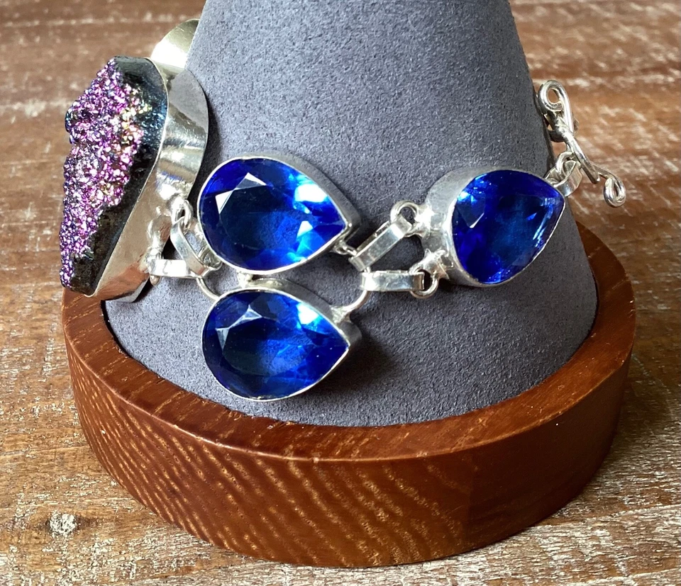 "Hermoso brazalete de plata esterlina de vidrio azul druzy de titanio arco iris púrpura - 7""" Foto 3 de 4