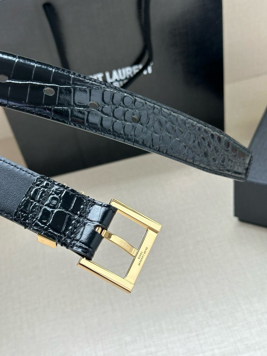 ヒ*ナ様 SAINT LAURENT メタリックベルト ゴールド/ブラック Saint Laurent Gold YSL Logo Genuine Calfskin Black Leather