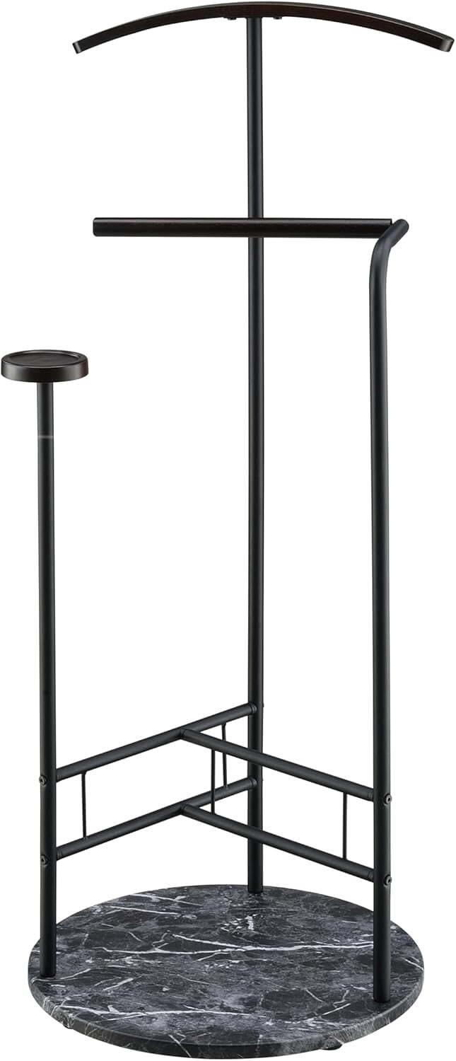 Scandia Black Wood Metal Valet Stand with Tray Hanger and Clothes Organizer  