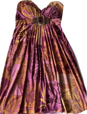Vintage LINDA SEGAL Sz Sm Purple Gold Halter Dress Padded Bra Hook Buckle Accent