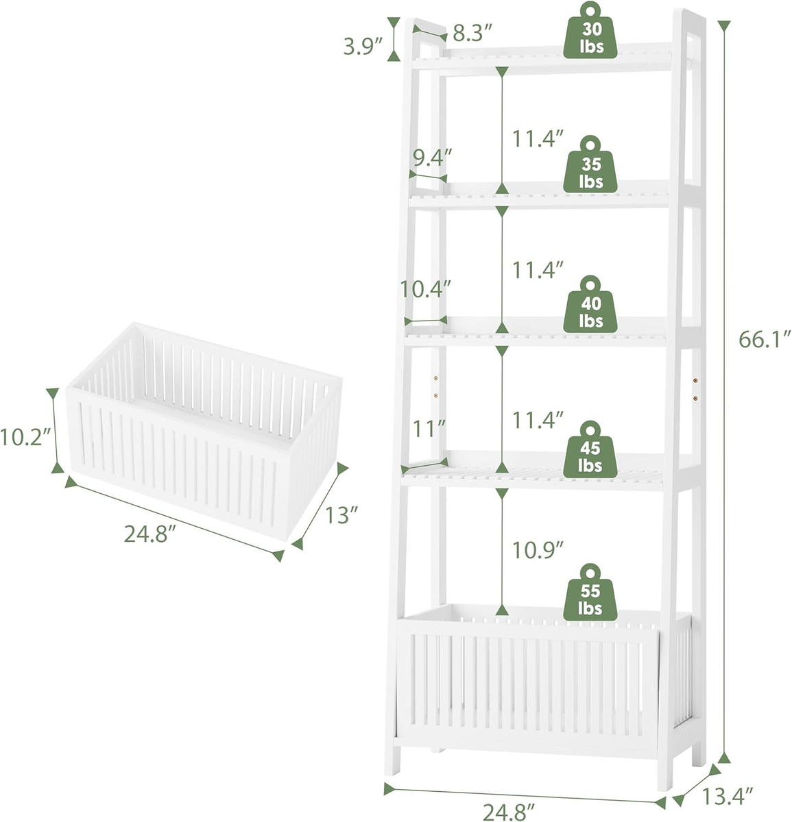 Bamboo White Bookshelf with Slatted Basket, Ladder Bookcase with 4