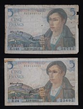 France / Banque de France – 5 Francs (1943–1947)  Lot of 2 [VG]