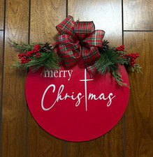 16” Merry Christmas Red Round Wooden Door Sign *HANDMADE*