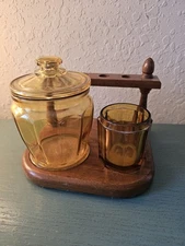 Vintage L.E. Smith Pair Amber Glass Jars On Wooden Pipe Stand-Very Good