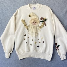 Vintage Jerzees Christmas Santa Sweatshirt Womens L Buttons Bell Lace 3D