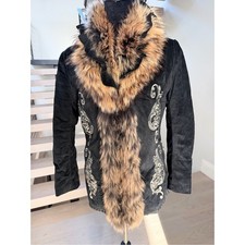 Italian Black Suede Jacket with Fox Fur Trim - Women's Coat size M
