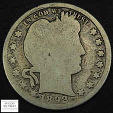 1892 S Barber Silver Quarter 25C