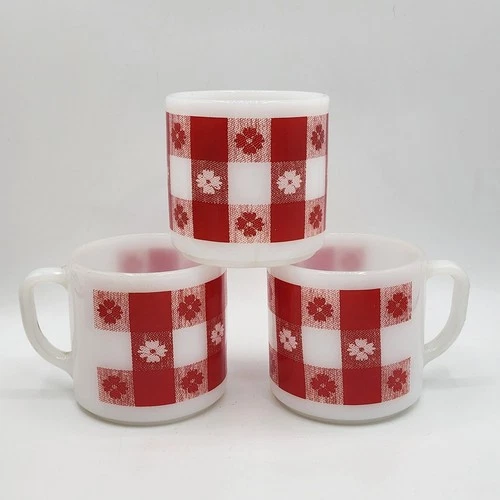 Vintage Federal Coffee Cup Mug Set of 3 Red Plaid Flowers Milk Glass USA
