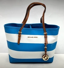 Michael Kors Blue Stripe Jet Set Saffiano Leather Bucket Tote Bucket Bag