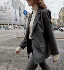 NWT Zara Women's M Gray Marl Straight Blazer with Shoulder Pads Single Breasted