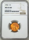 1952 P Lincoln Cent NGC MS65RD Bright Red Luster in New Holder #D318E
