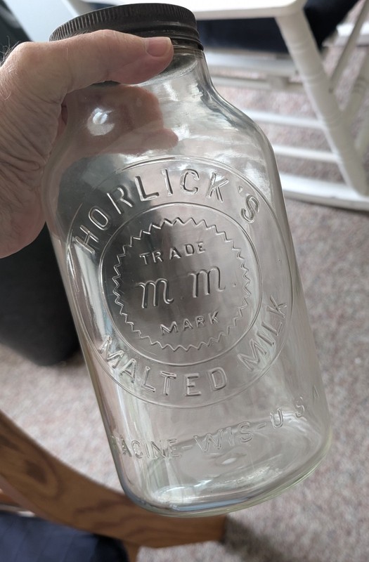 Vintage Large Horlicks Malted Milk Glass Embossed Jar With Cover Milk Balls
