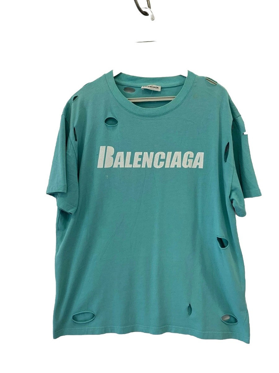 Balenciaga Distressed Logo T-Shirt Men's Size L Blue Made in