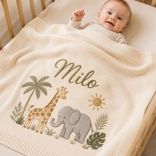 Personalized Safari Knit Baby Blanket Custom Giraffe Elephant Jungle Keepsake